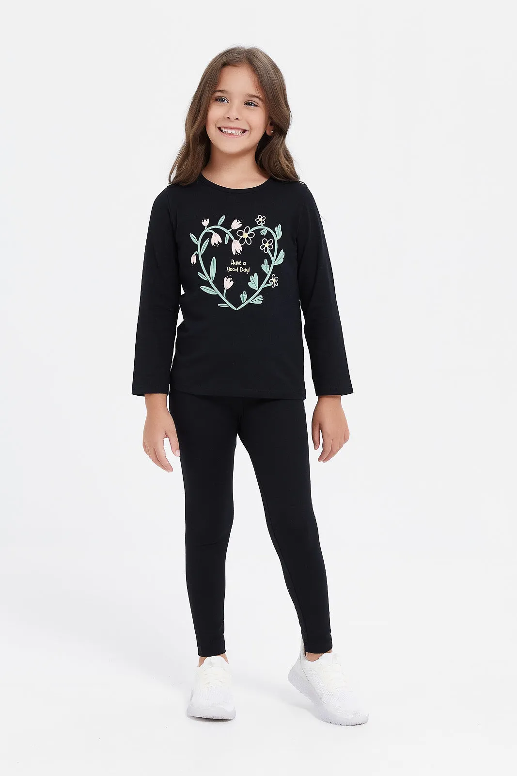 Girls Black Print Leggings