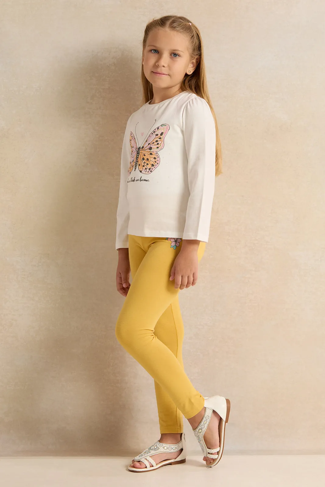 Girls Mustard Printed Leggings