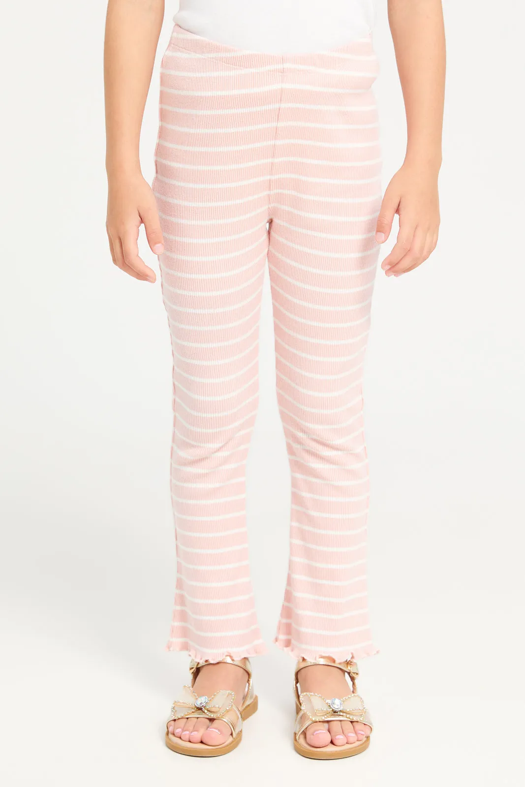 Girls Pink Striped Leggings