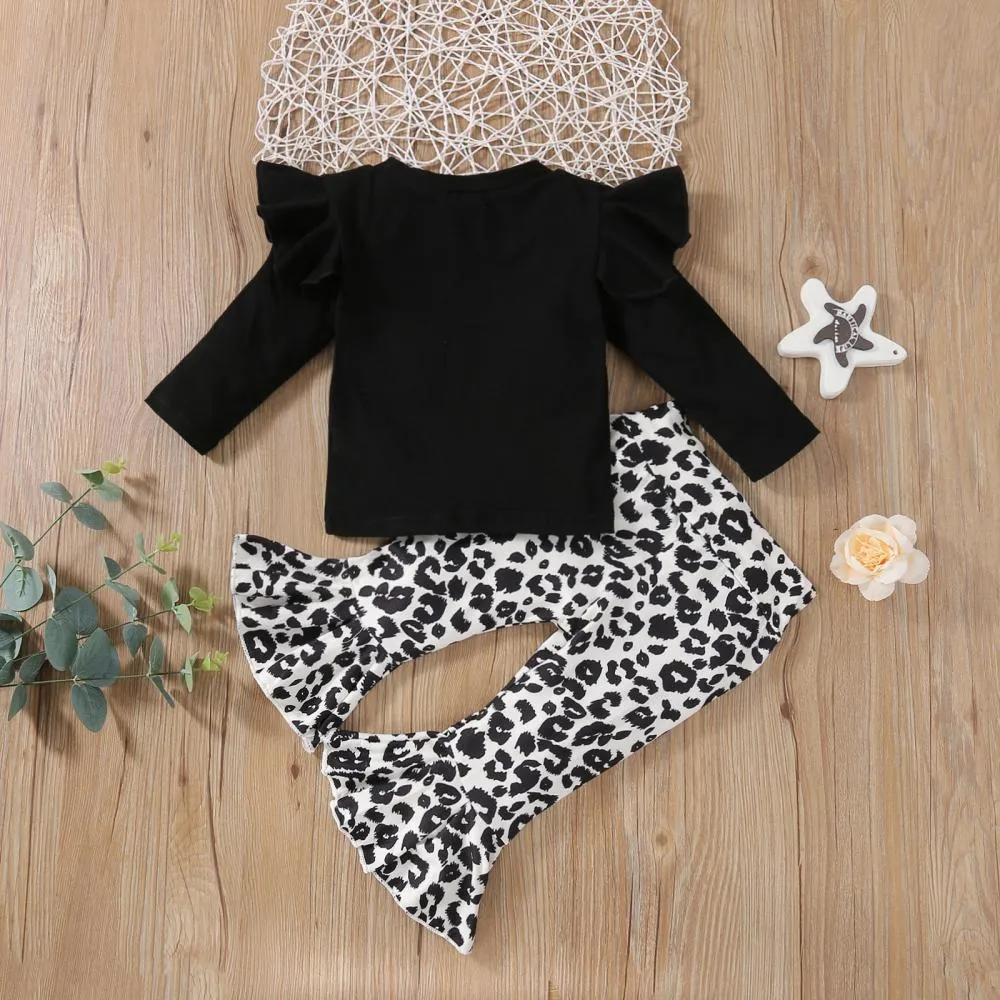 Girls Print Flying Sleeves Leopard Print Heart Long Sleeve Flared Pants Set Girl Clothes Wholesale