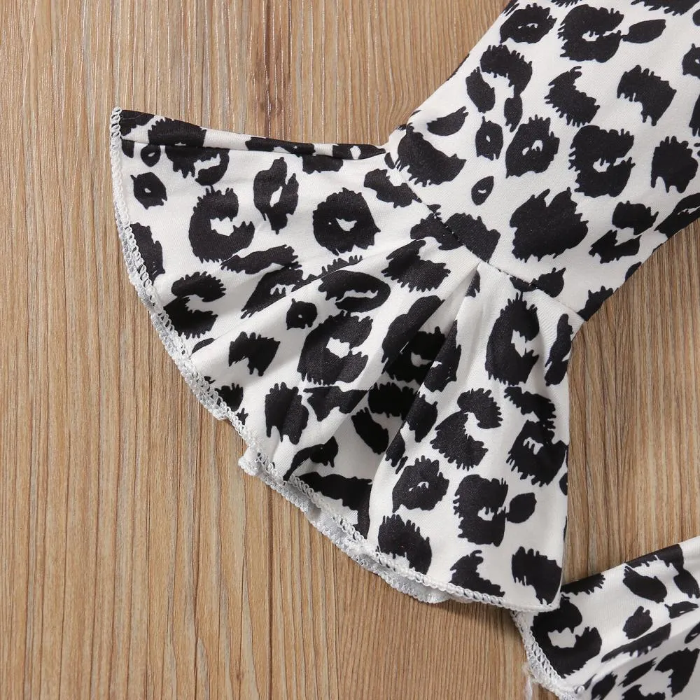Girls Print Flying Sleeves Leopard Print Heart Long Sleeve Flared Pants Set Girl Clothes Wholesale