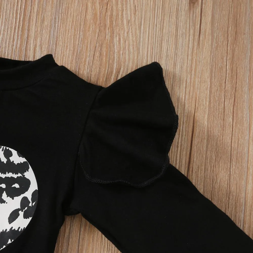 Girls Print Flying Sleeves Leopard Print Heart Long Sleeve Flared Pants Set Girl Clothes Wholesale