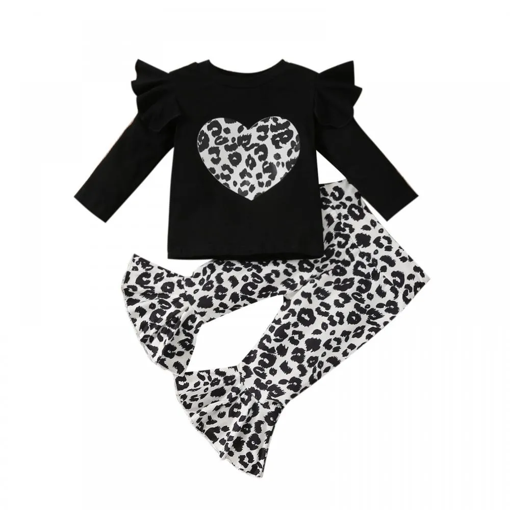 Girls Print Flying Sleeves Leopard Print Heart Long Sleeve Flared Pants Set Girl Clothes Wholesale