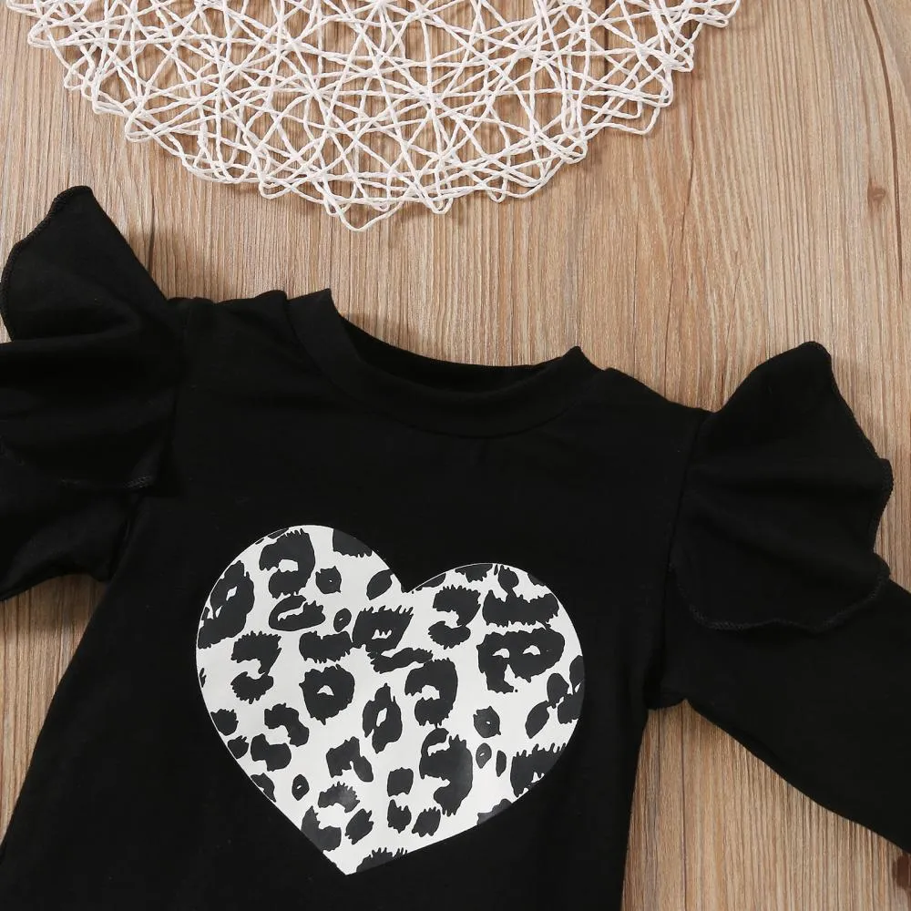 Girls Print Flying Sleeves Leopard Print Heart Long Sleeve Flared Pants Set Girl Clothes Wholesale