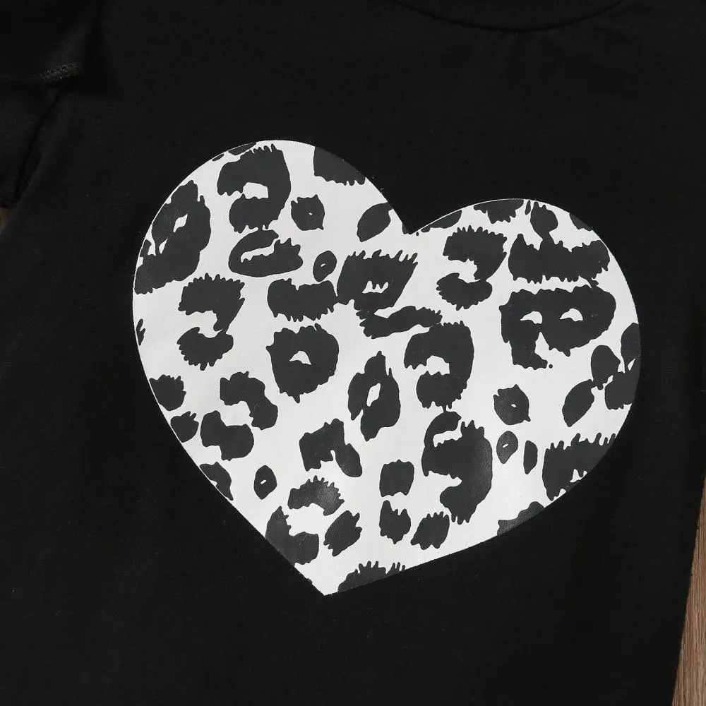 Girls Print Flying Sleeves Leopard Print Heart Long Sleeve Flared Pants Set Girl Clothes Wholesale