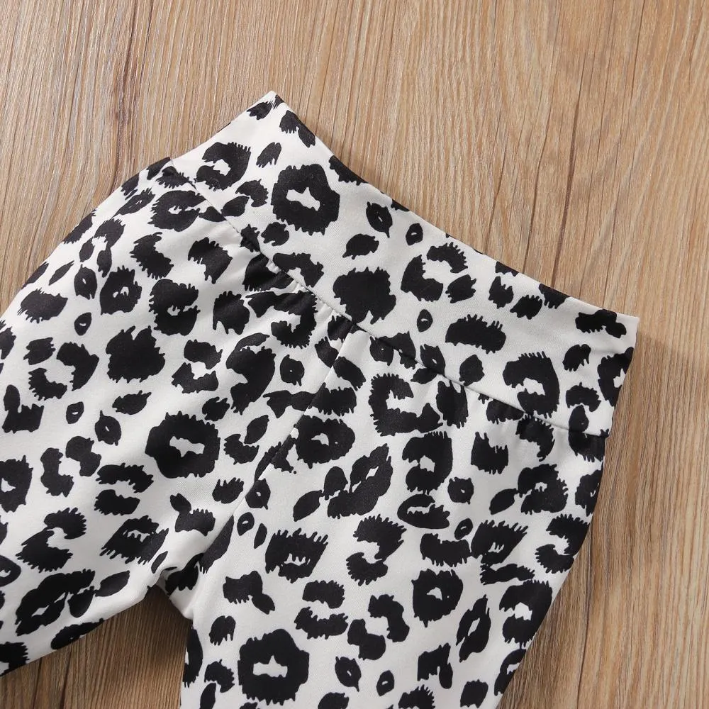 Girls Print Flying Sleeves Leopard Print Heart Long Sleeve Flared Pants Set Girl Clothes Wholesale