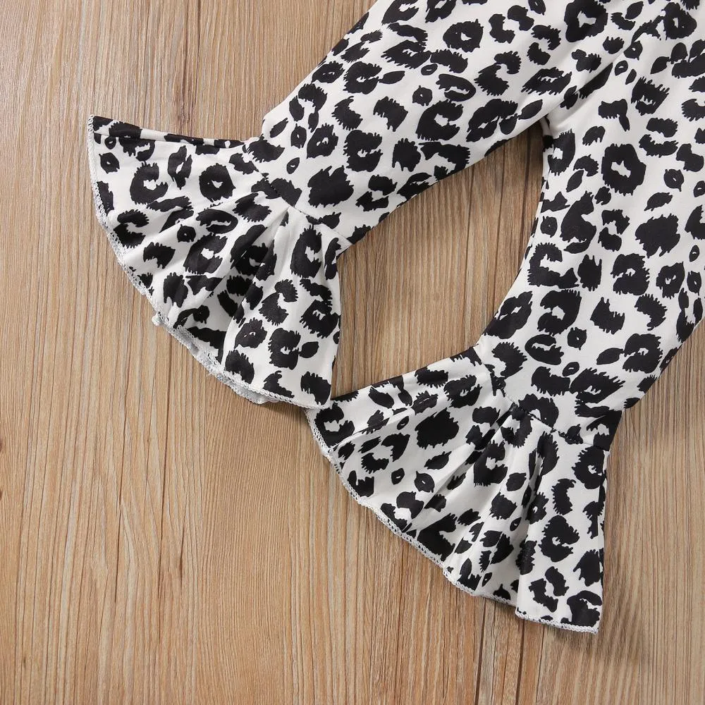 Girls Print Flying Sleeves Leopard Print Heart Long Sleeve Flared Pants Set Girl Clothes Wholesale