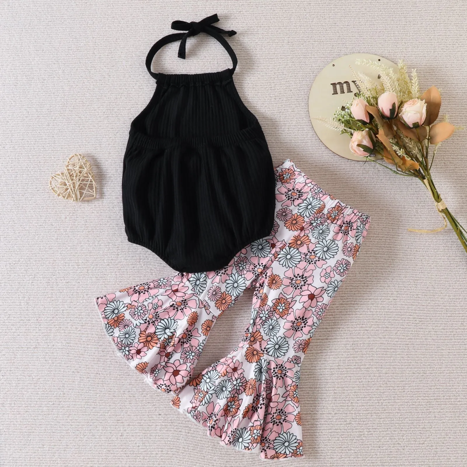 Girls Summer Neck Halter Flared Pants Suit Wholesale Girls Clothes