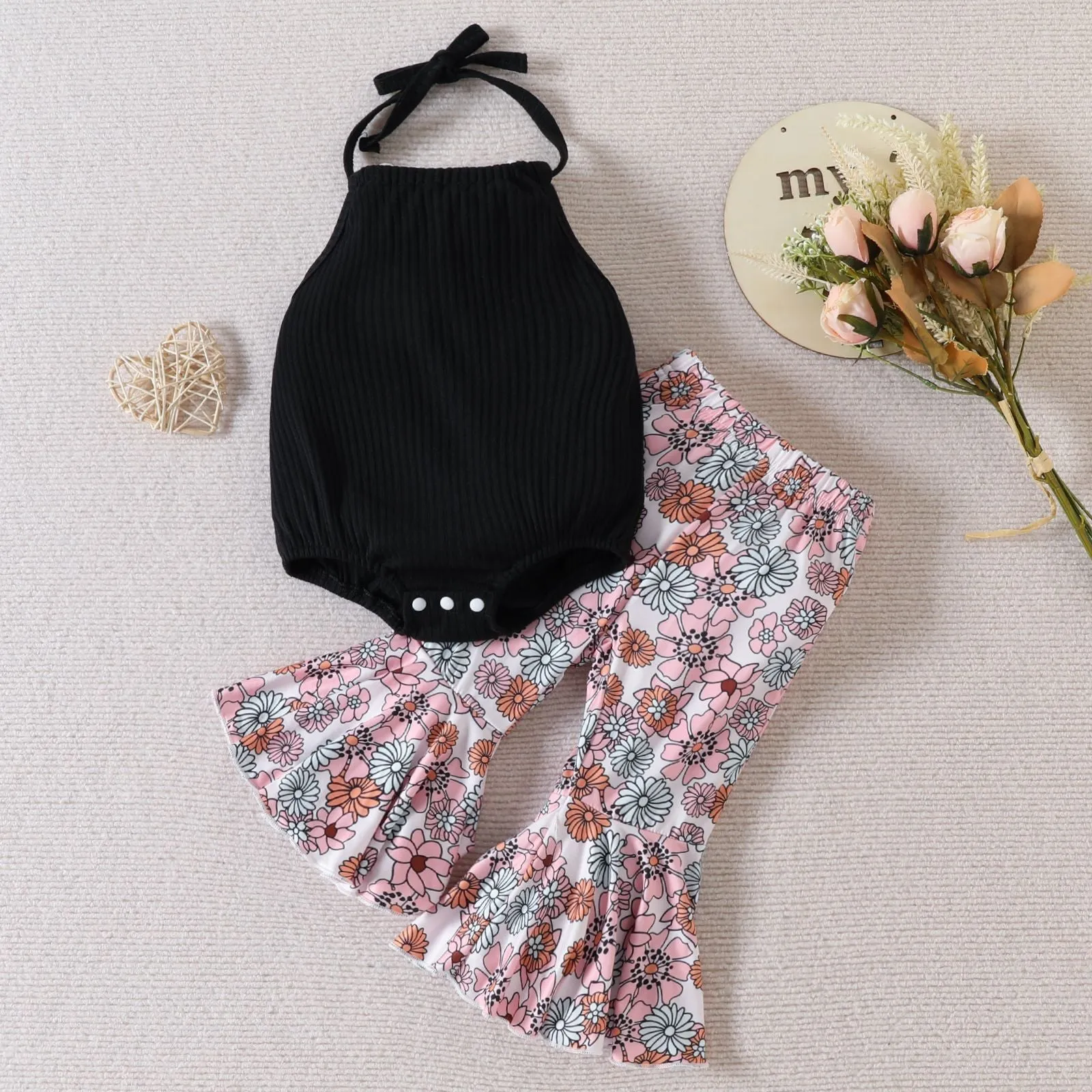 Girls Summer Neck Halter Flared Pants Suit Wholesale Girls Clothes