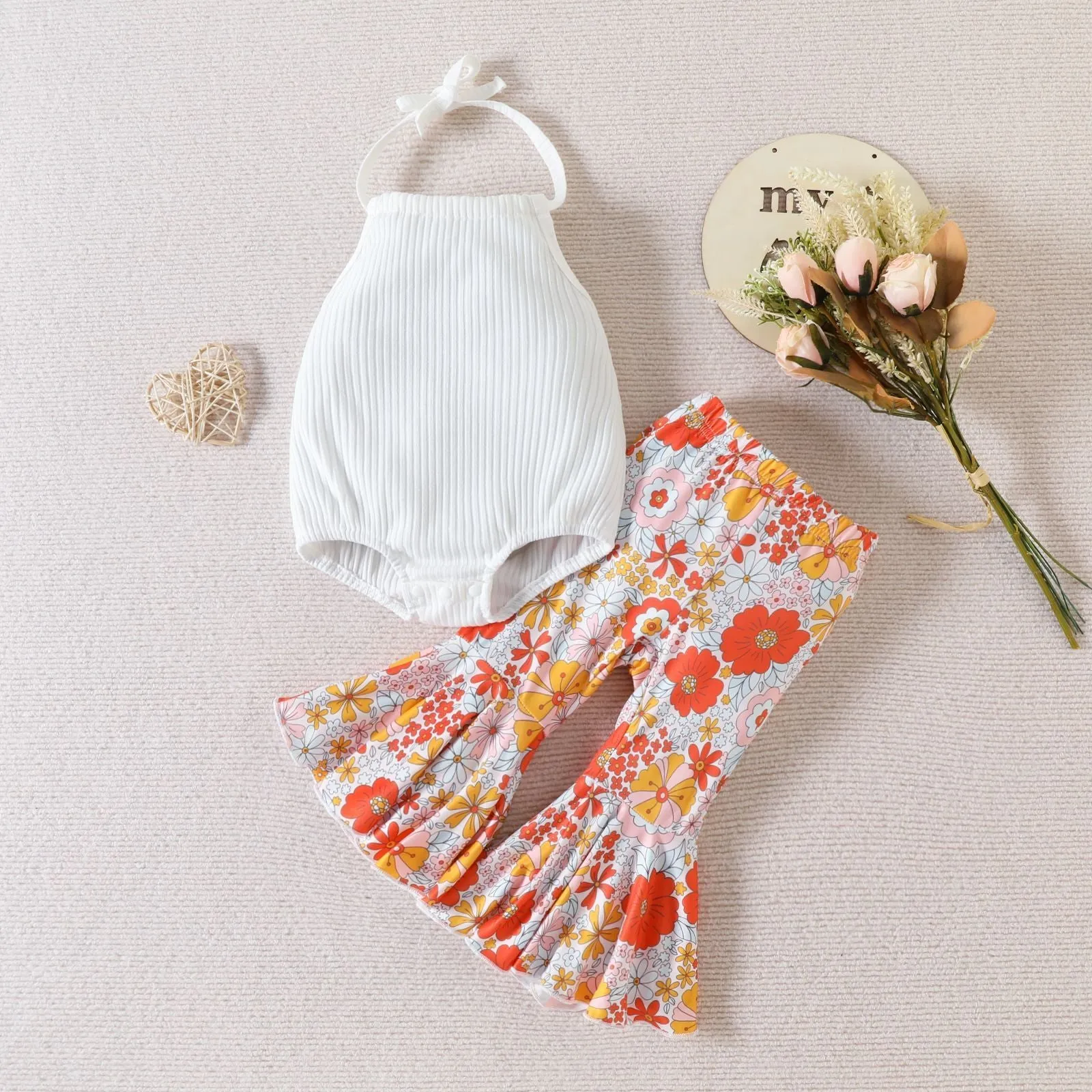 Girls Summer Neck Halter Flared Pants Suit Wholesale Girls Clothes