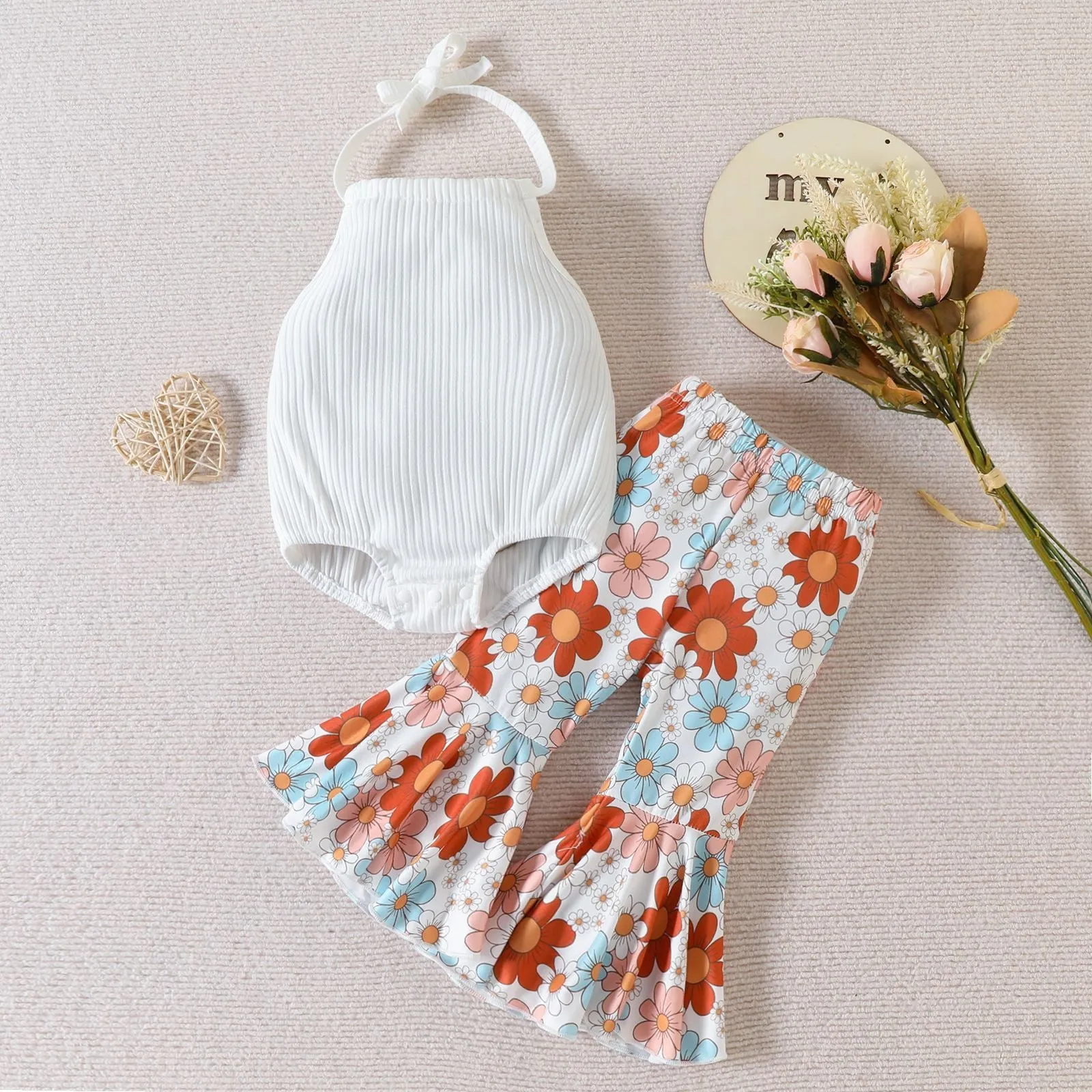 Girls Summer Neck Halter Flared Pants Suit Wholesale Girls Clothes