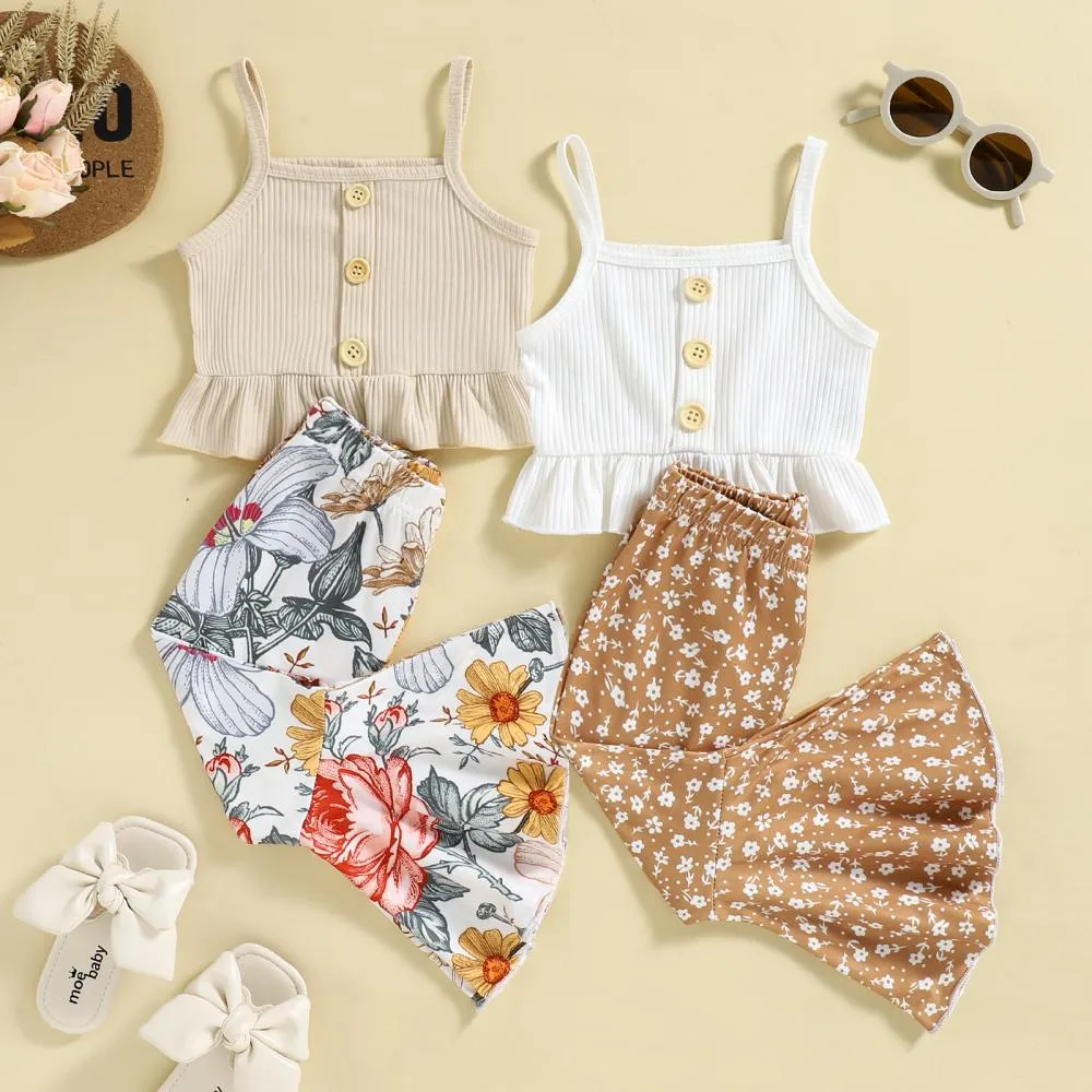 Girls Suspender Top Printed Floral Flared Pants Two-piece Suit Wholesale