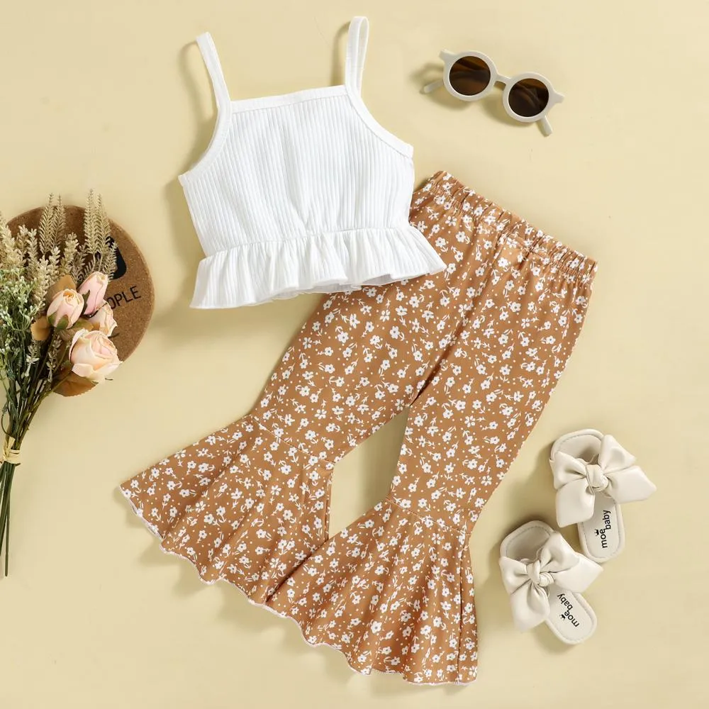 Girls Suspender Top Printed Floral Flared Pants Two-piece Suit Wholesale