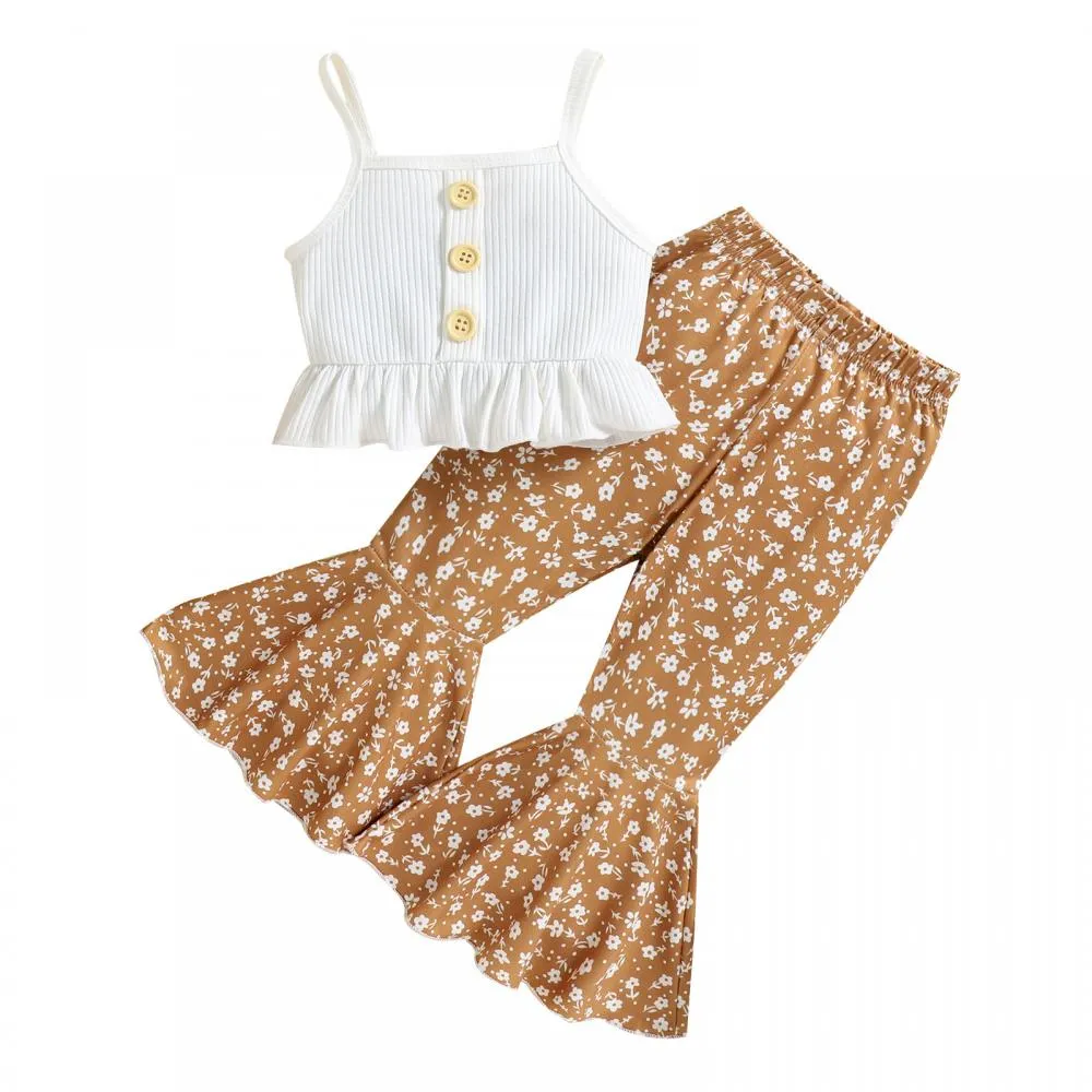 Girls Suspender Top Printed Floral Flared Pants Two-piece Suit Wholesale