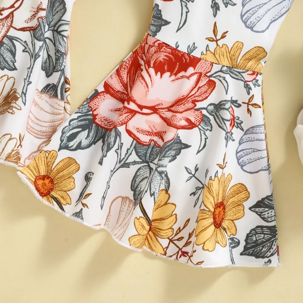 Girls Suspender Top Printed Floral Flared Pants Two-piece Suit Wholesale