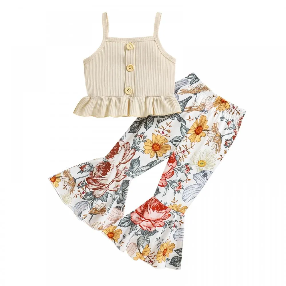 Girls Suspender Top Printed Floral Flared Pants Two-piece Suit Wholesale
