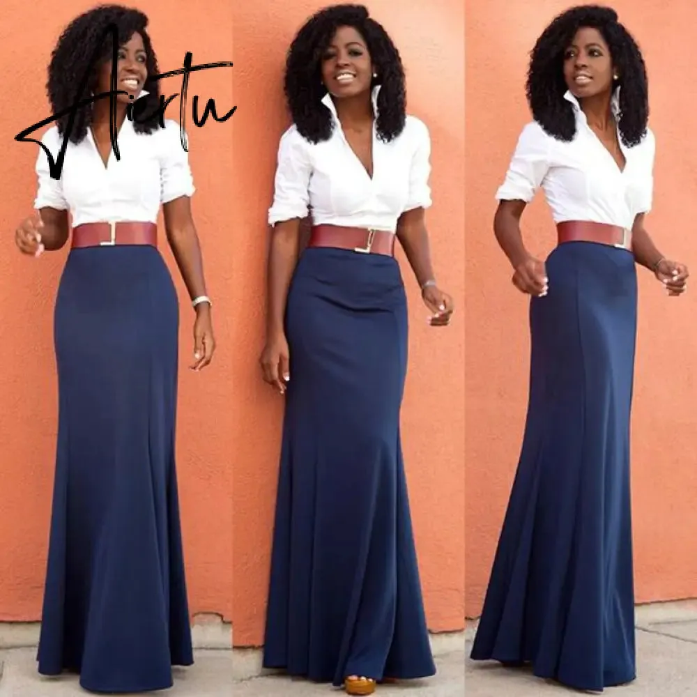 Graceful Navy Blue Long Mermaid Women Skirts Faldas Saia High Quality Invisible Zipper Floor Length Skirts Custom Made Maxi Saia