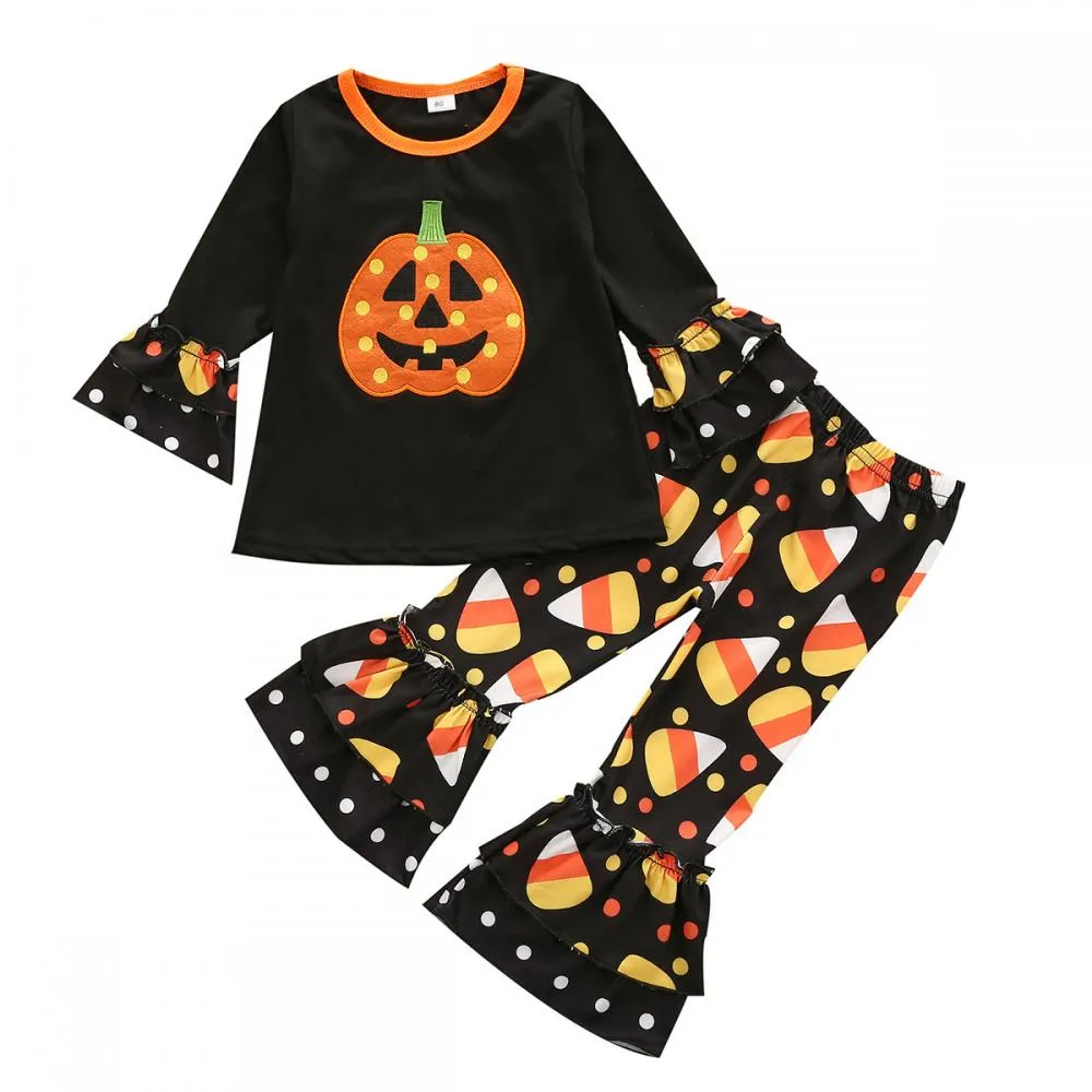 Halloween Girls Pumpkin Long Sleeve Print Flared Pants Set Wholesale Girls Clothes