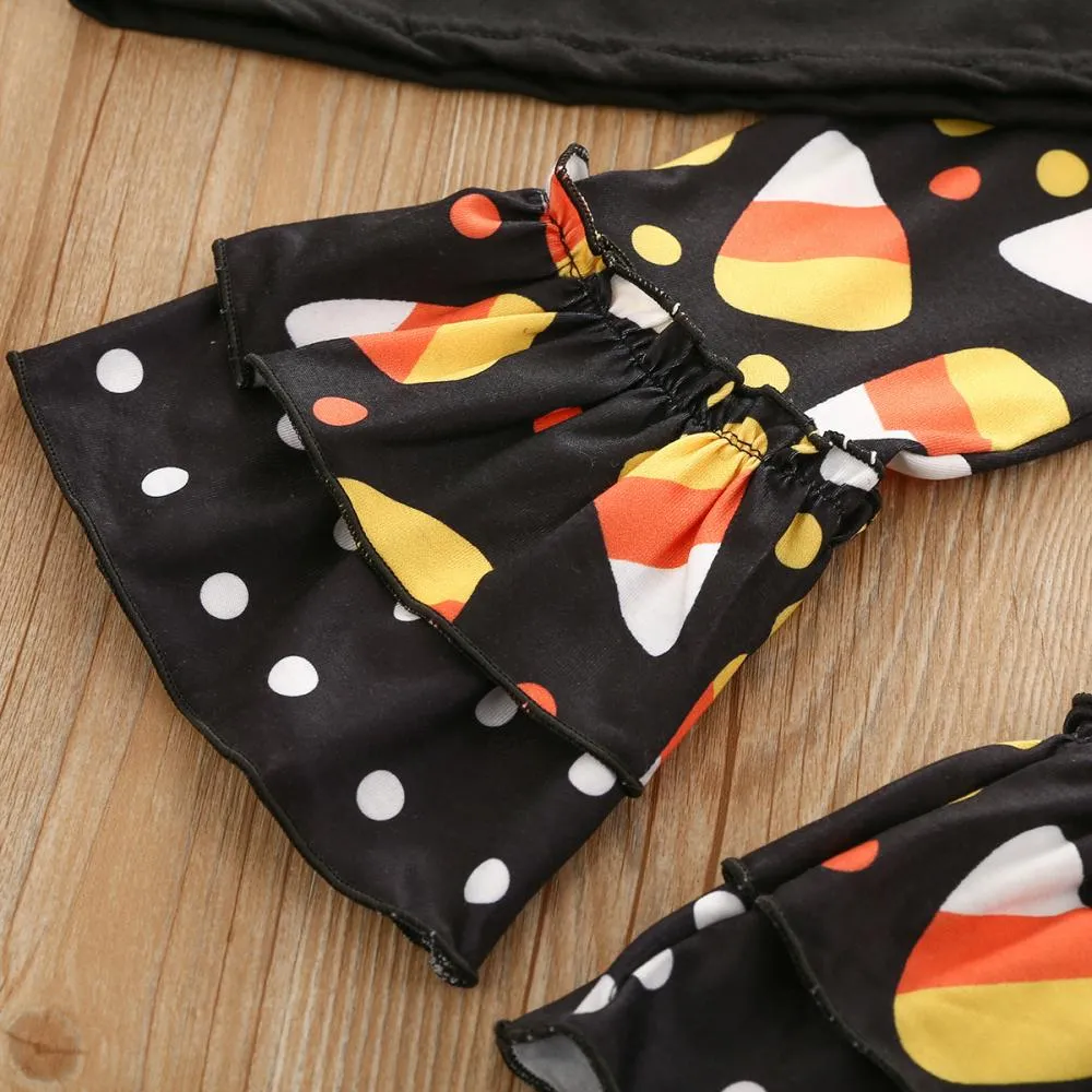 Halloween Girls Pumpkin Long Sleeve Print Flared Pants Set Wholesale Girls Clothes
