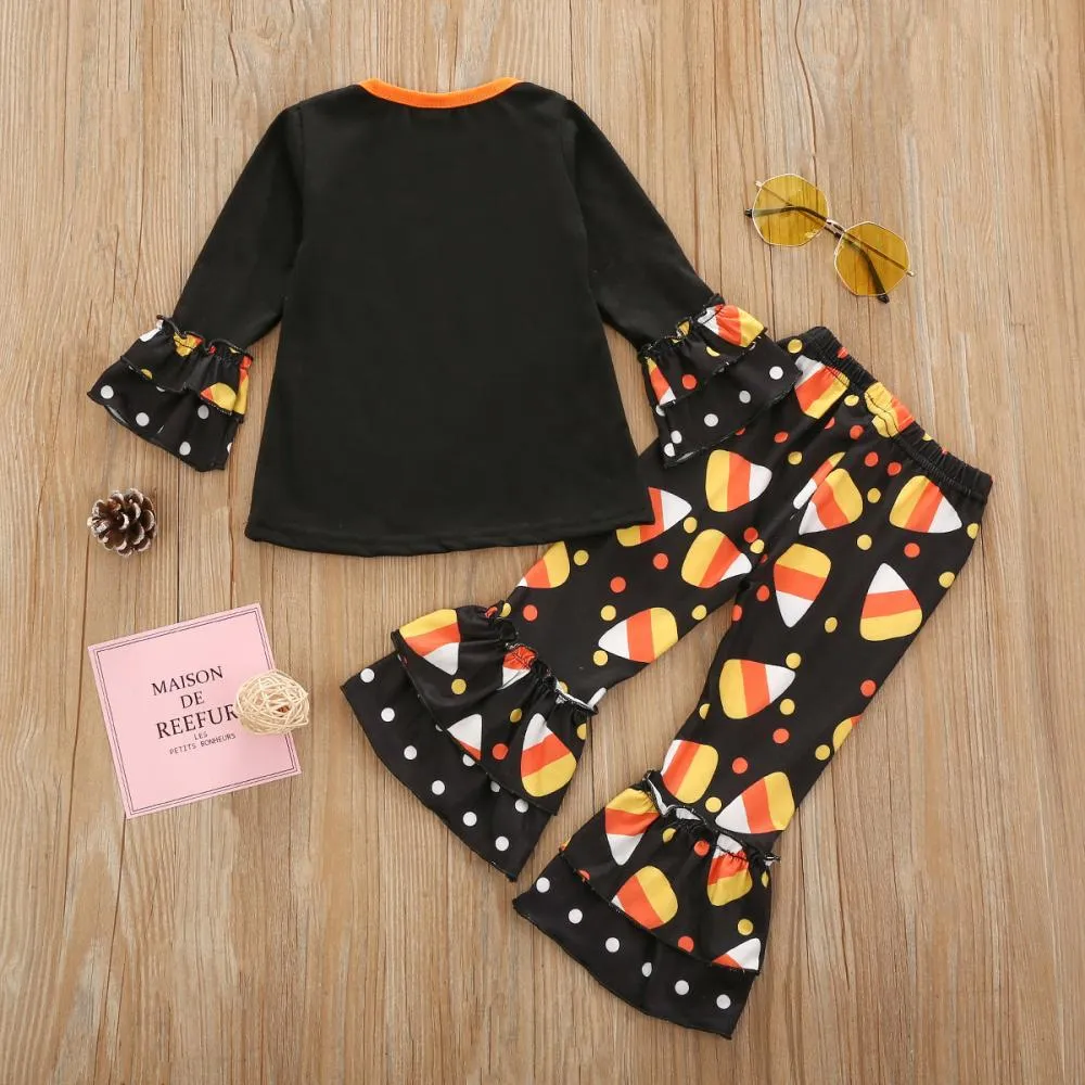 Halloween Girls Pumpkin Long Sleeve Print Flared Pants Set Wholesale Girls Clothes