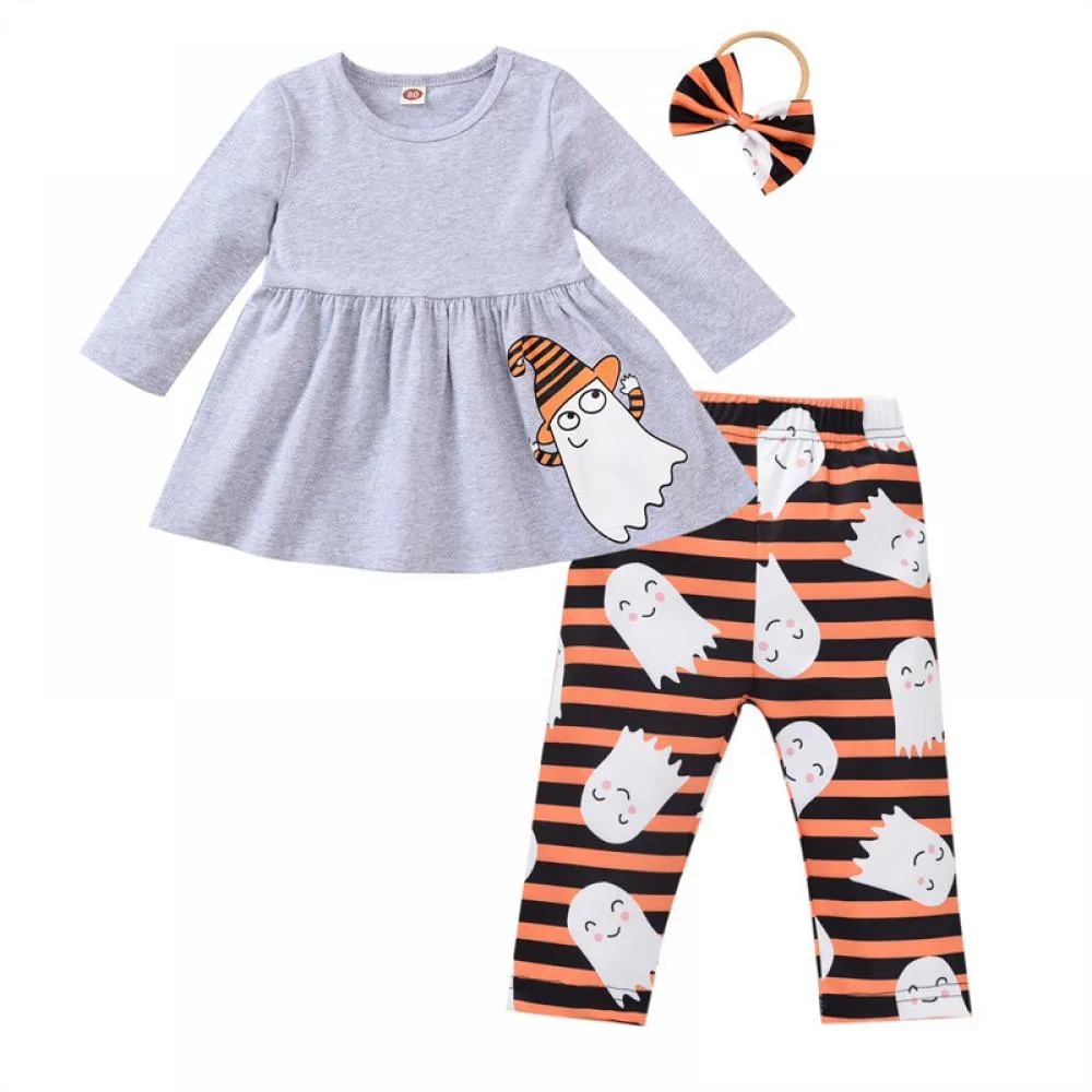 Halloween Pumpkin Girls Set Girls Bow Long Sleeve Pumpkin Flared Pants Set Wholesale Girls Clothes