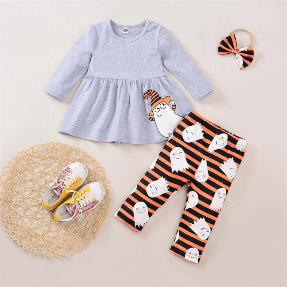 Halloween Pumpkin Girls Set Girls Bow Long Sleeve Pumpkin Flared Pants Set Wholesale Girls Clothes