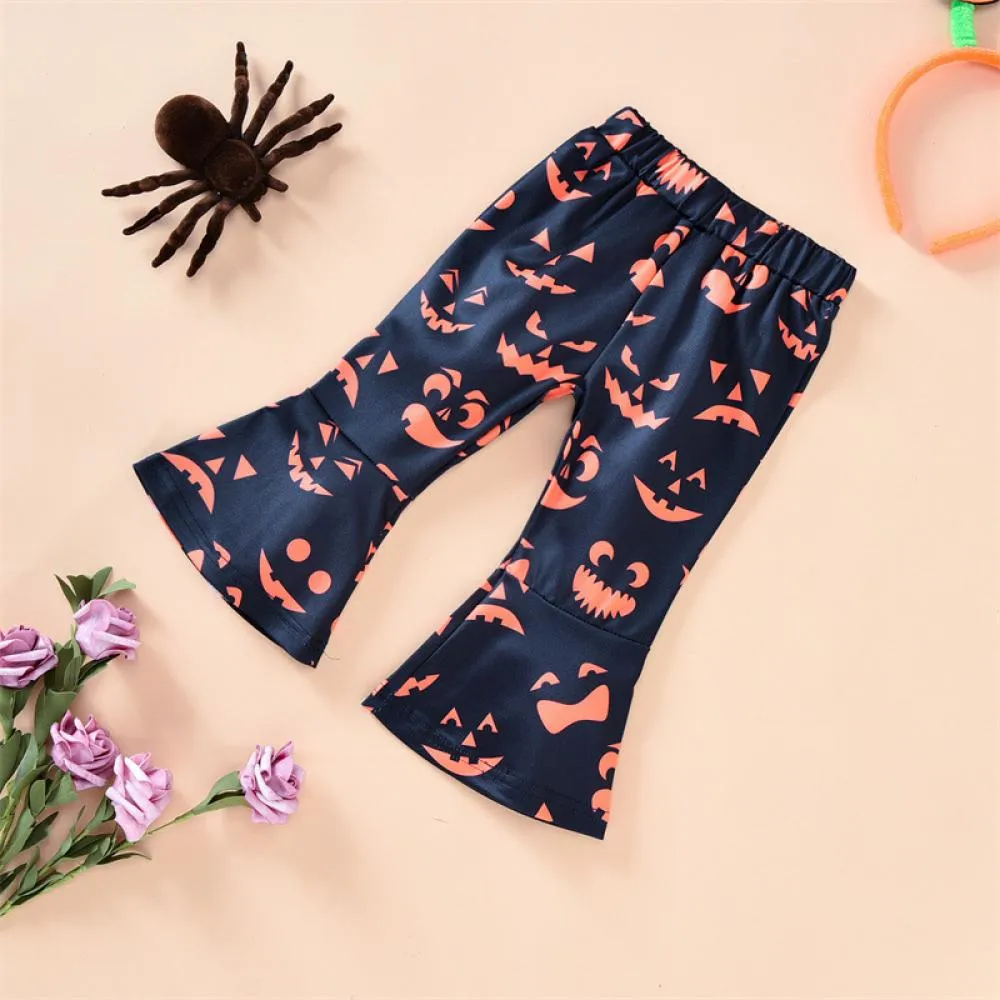 Halloween Pumpkin Girls Set Girls Bow Long Sleeve Pumpkin Flared Pants Set Wholesale Girls Clothes