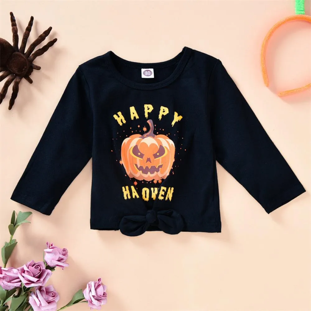Halloween Pumpkin Girls Set Girls Bow Long Sleeve Pumpkin Flared Pants Set Wholesale Girls Clothes