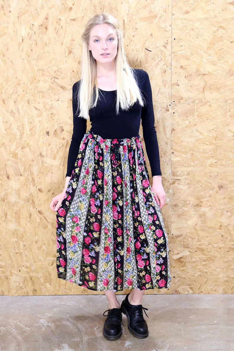 High Waisted Floral Stripe Maxi Skirt