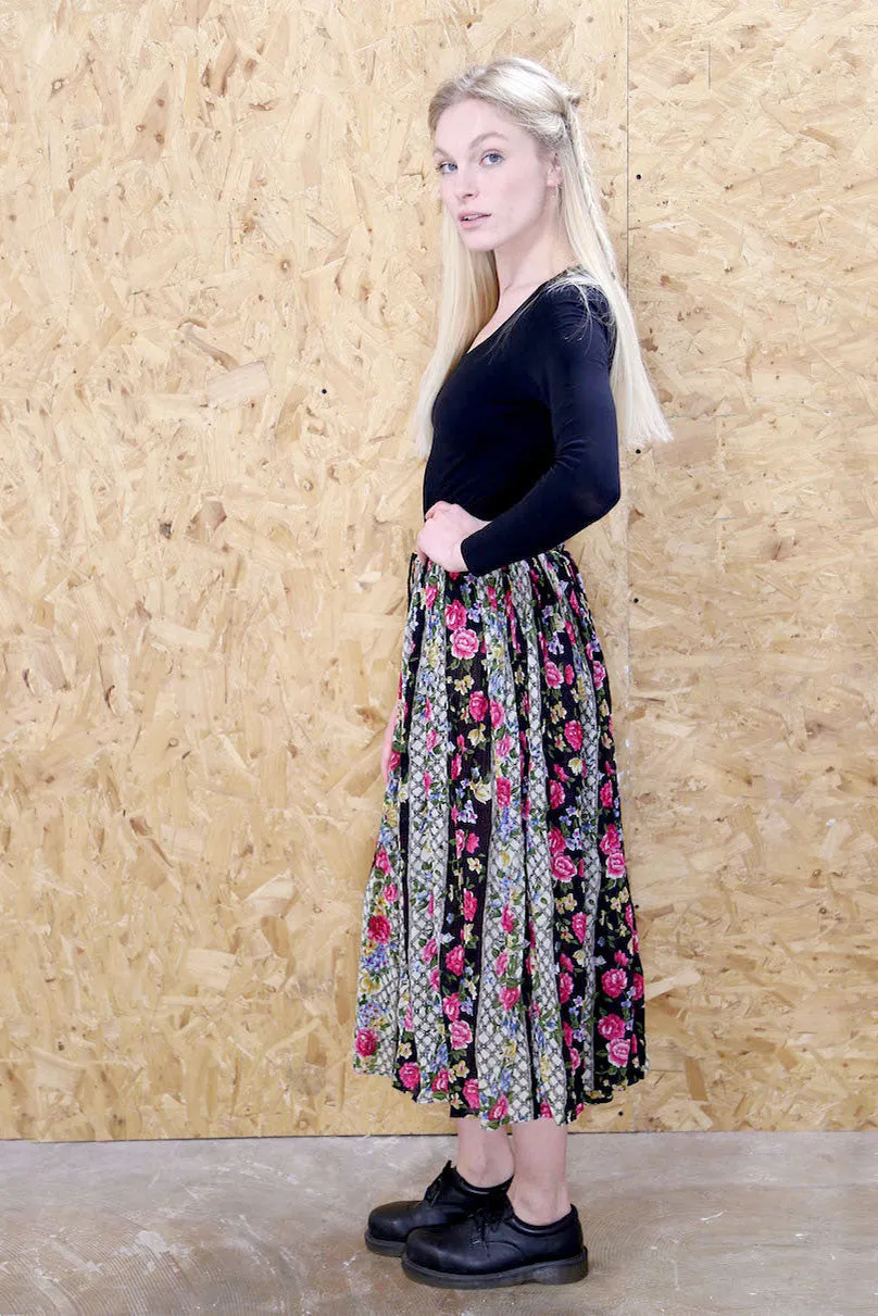 High Waisted Floral Stripe Maxi Skirt