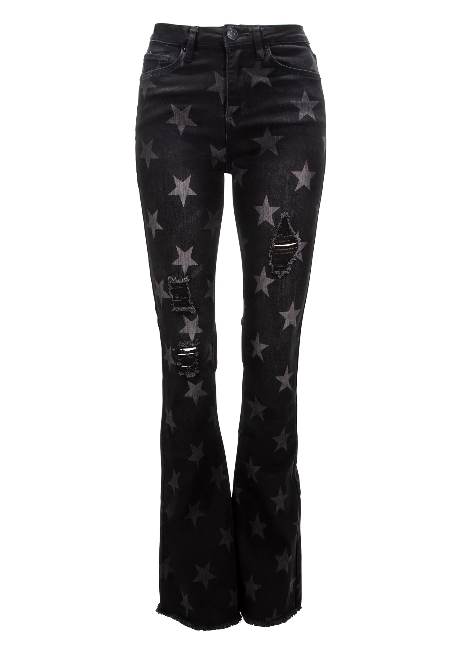 Highway Star Black Denim Star Print Ripped Flare Jeans Bell Bottoms