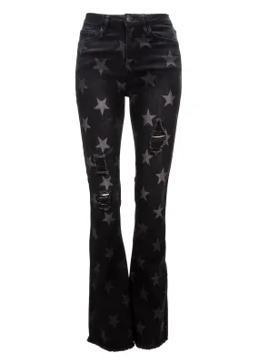 Highway Star Black Denim Star Print Ripped Flare Jeans Bell Bottoms