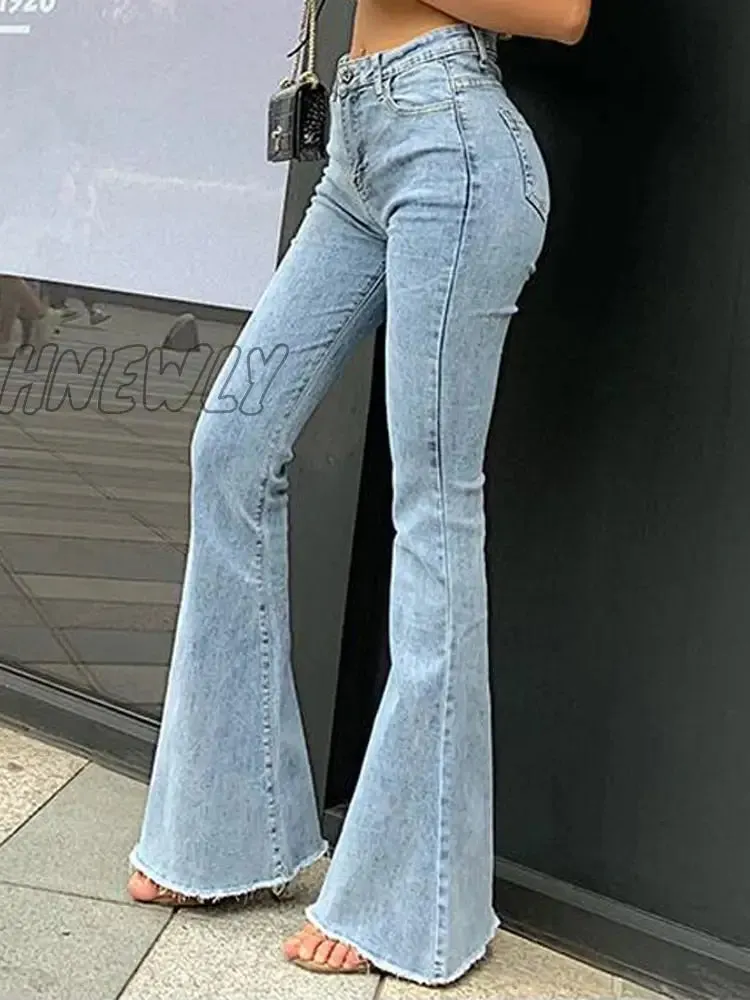 Hnewly Fashion Women Pants High Waist Flared Jeans Blue Skinny Streetwear Y2k Vintage Quality Harajuku Boyfriend Clothing Female