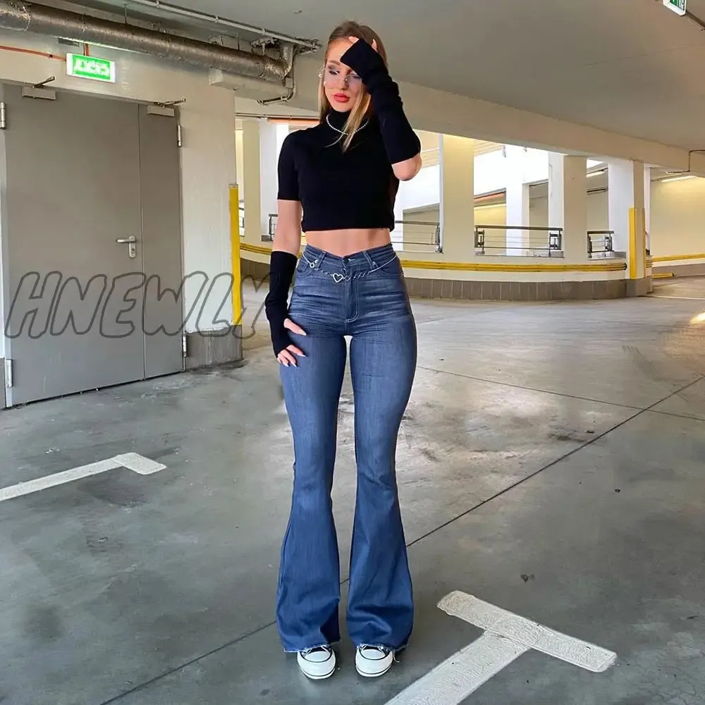 Hnewly Fashion Women Pants High Waist Flared Jeans Blue Skinny Streetwear Y2k Vintage Quality Harajuku Boyfriend Clothing Female