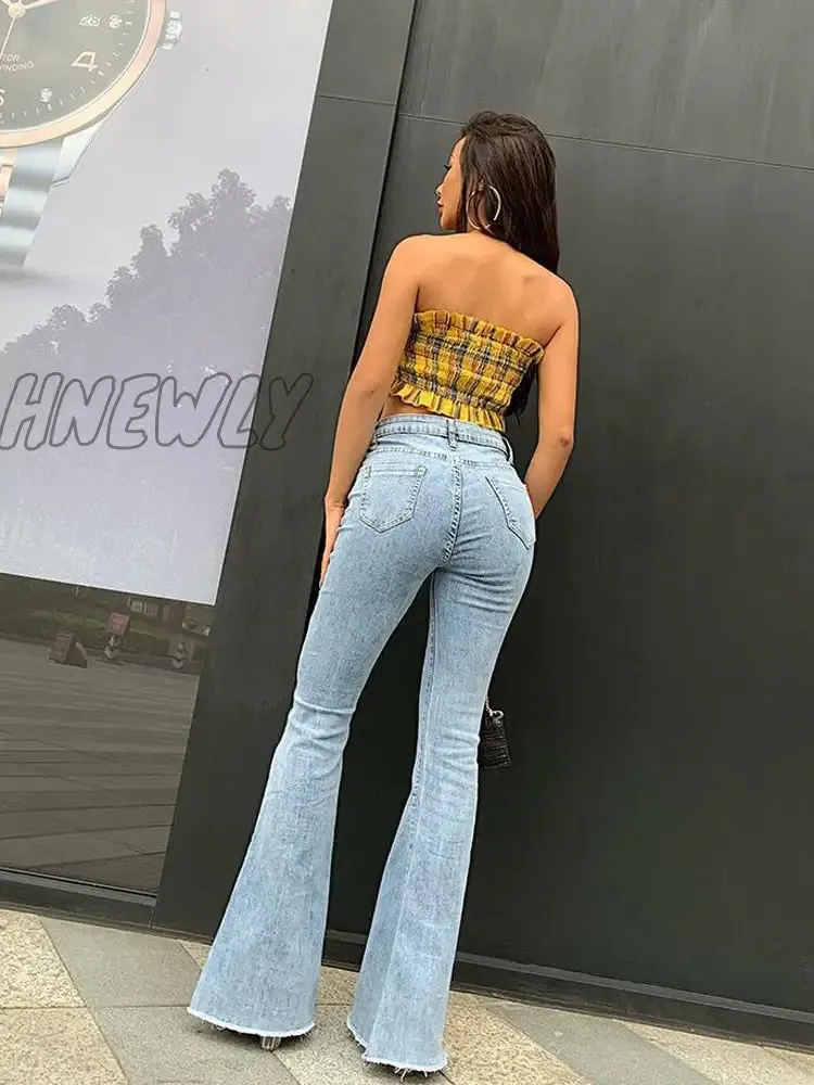 Hnewly Fashion Women Pants High Waist Flared Jeans Blue Skinny Streetwear Y2k Vintage Quality Harajuku Boyfriend Clothing Female