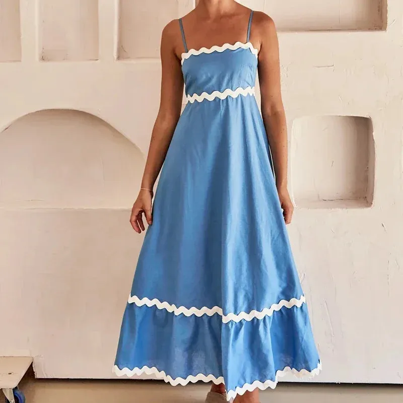 Holiday Beach Splicing Big Swing Summer New Fashion Strap Women Boho Long Strapless Maxi Dress
