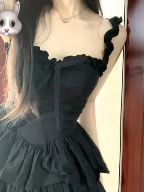 Hrajuku Cute Goth Coquette Y2K Black Fashion Ruffles Lolita Cake 2024 Party Soft Kawaii Girl Short Outfit