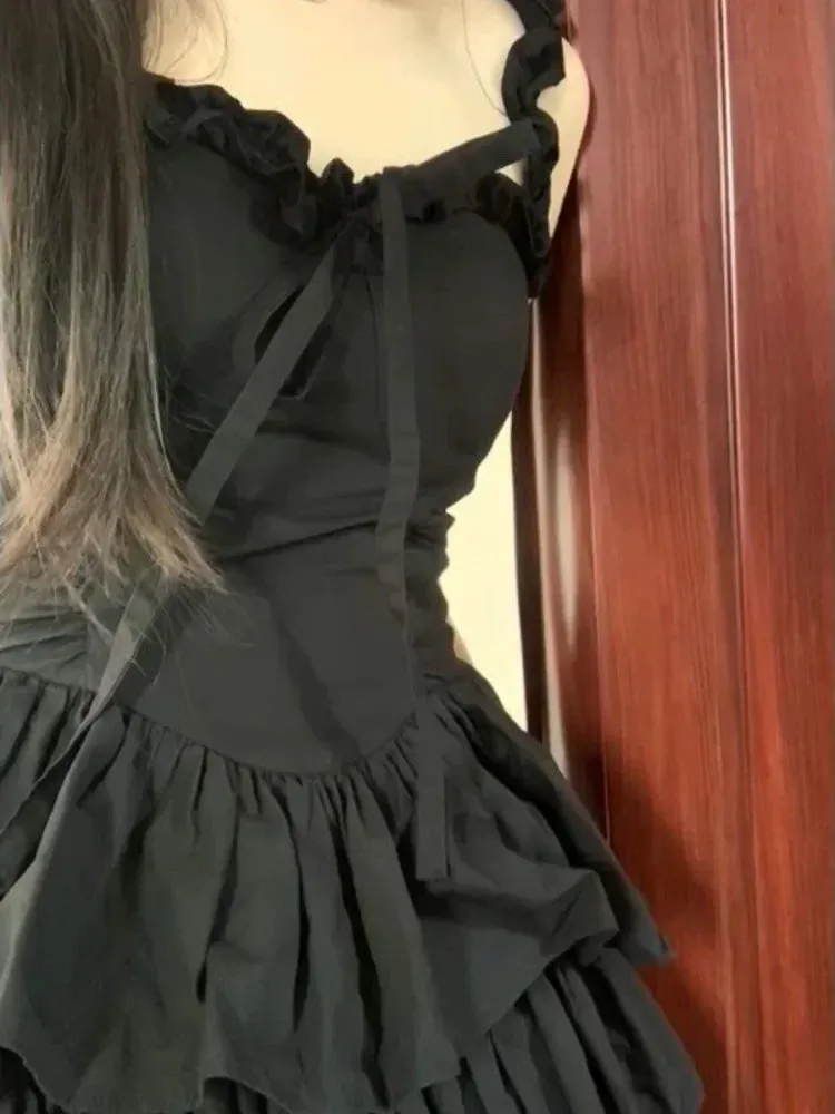 Hrajuku Cute Goth Coquette Y2K Black Fashion Ruffles Lolita Cake 2024 Party Soft Kawaii Girl Short Outfit