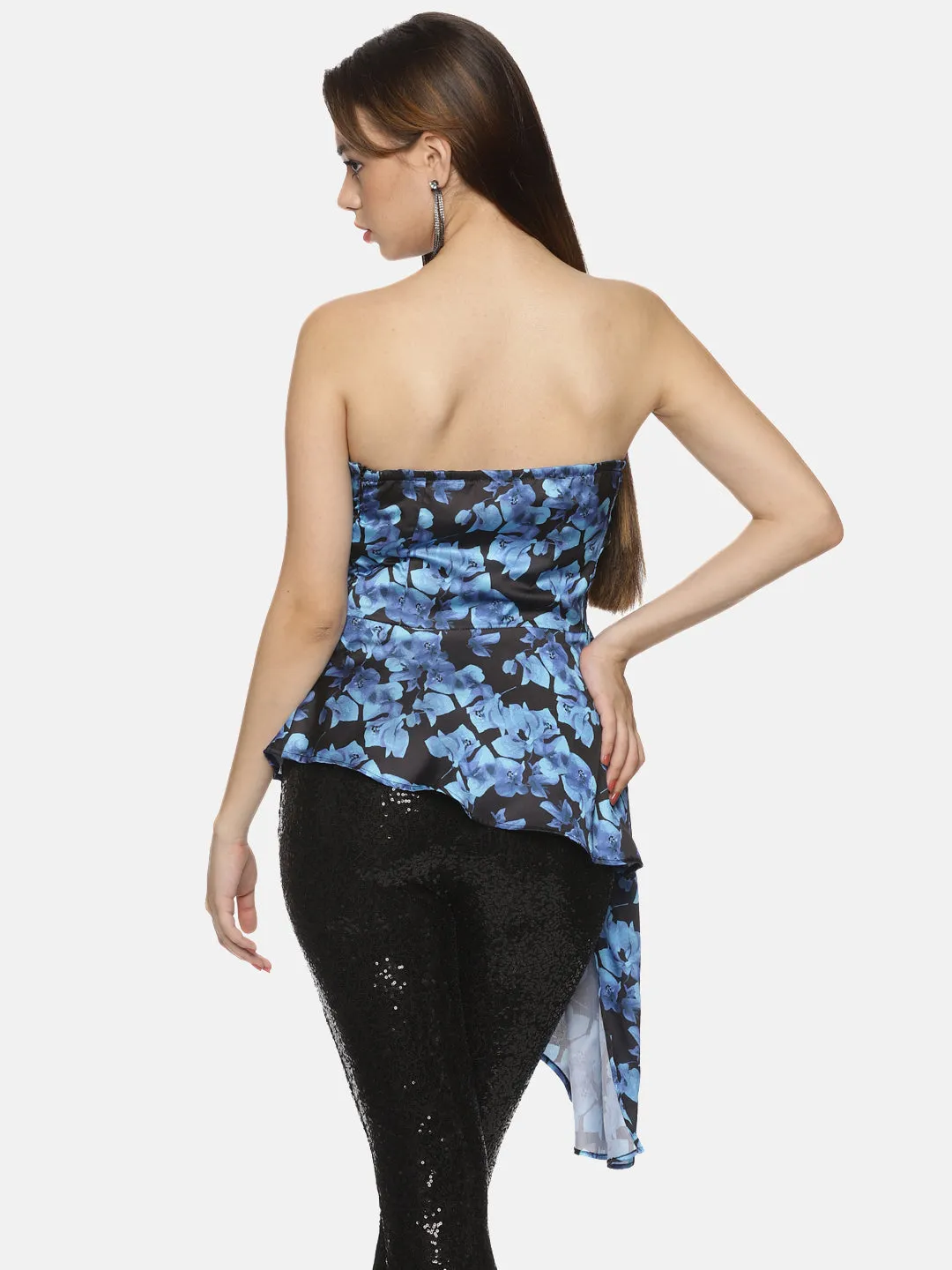 IS.U Floral Blue Flared Bandeau Top