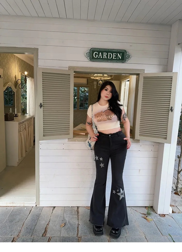 Jessy Denim Plus-size Star Patch Hot Diamond High-rise Skinny Frayed Flared Jeans Pants