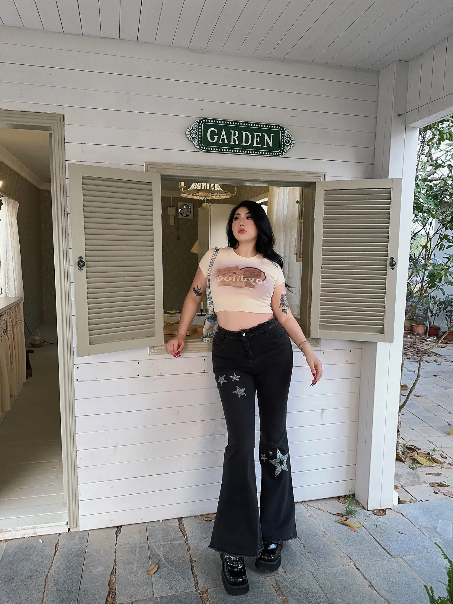 Jessy Denim Plus-size Star Patch Hot Diamond High-rise Skinny Frayed Flared Jeans Pants