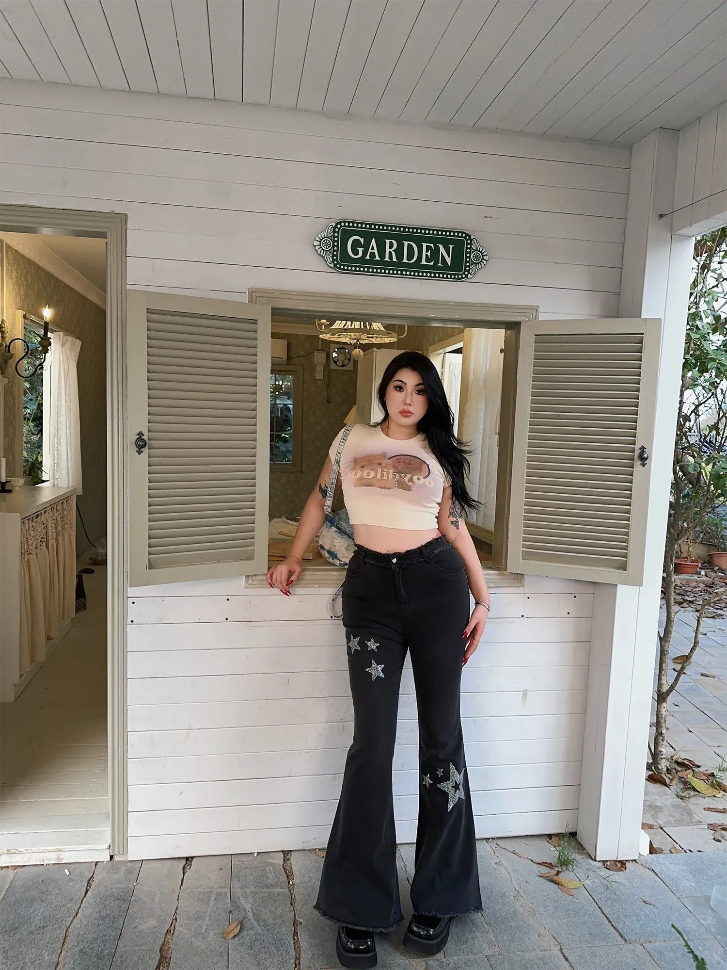 Jessy Denim Plus-size Star Patch Hot Diamond High-rise Skinny Frayed Flared Jeans Pants