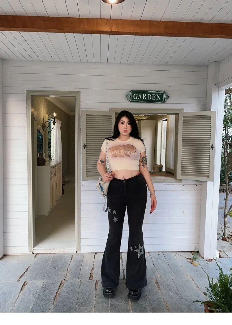 Jessy Denim Plus-size Star Patch Hot Diamond High-rise Skinny Frayed Flared Jeans Pants