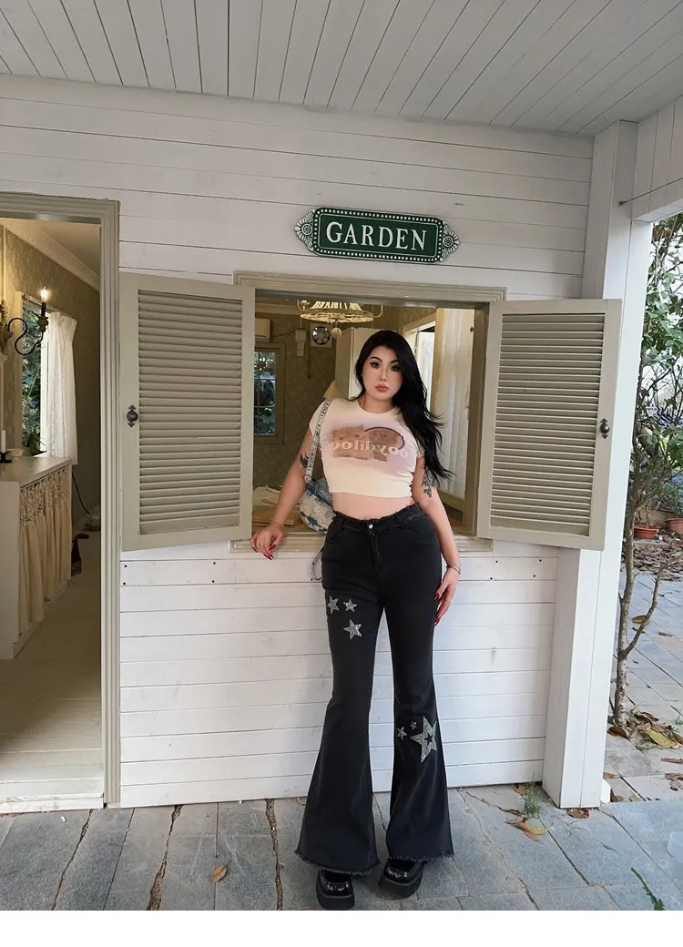 Jessy Denim Plus-size Star Patch Hot Diamond High-rise Skinny Frayed Flared Jeans Pants