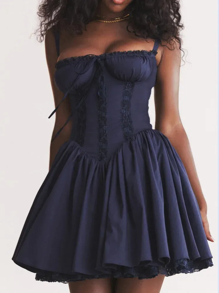 Joskaa Lace Patchwork Mini Vacation Dresses Women Hipster Sexy Spaghetti Strap Big Swing Party Dress 2024 Summer Holiday Clothes