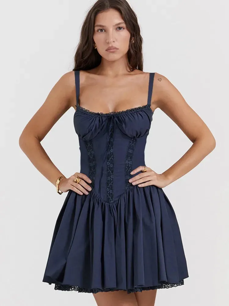 Joskaa Lace Patchwork Mini Vacation Dresses Women Hipster Sexy Spaghetti Strap Big Swing Party Dress 2024 Summer Holiday Clothes