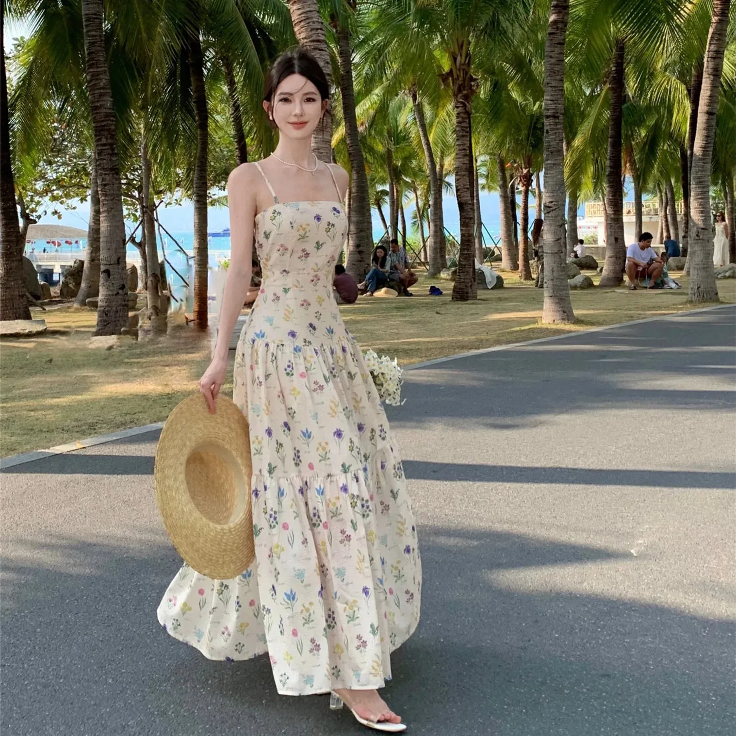 Joskaa Vintage Floral Beach Holiday Long Dresses for Women 2024 Summer New Elegant Party Spaghetti Strap Big Hem Casual Female Clothing