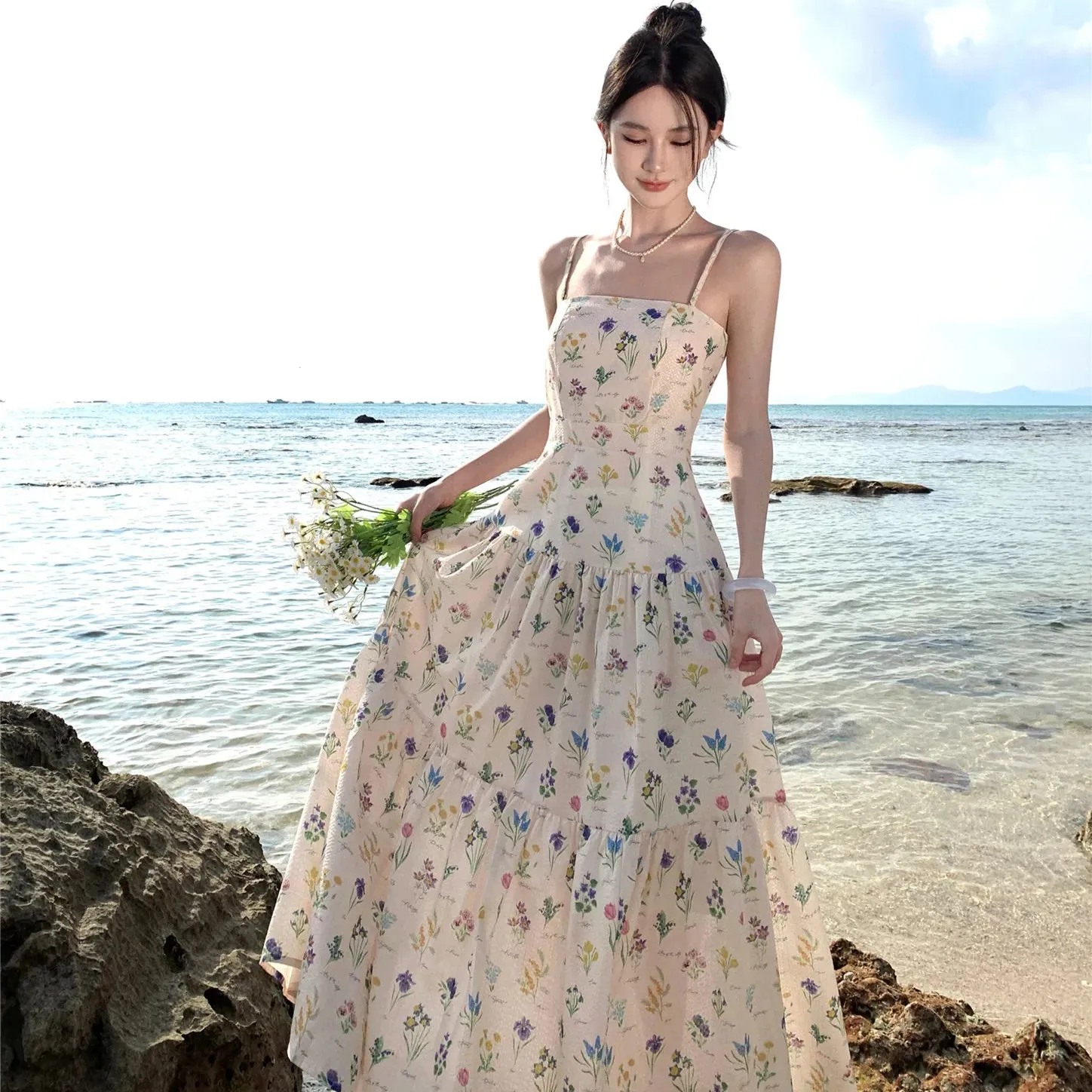 Joskaa Vintage Floral Beach Holiday Long Dresses for Women 2024 Summer New Elegant Party Spaghetti Strap Big Hem Casual Female Clothing