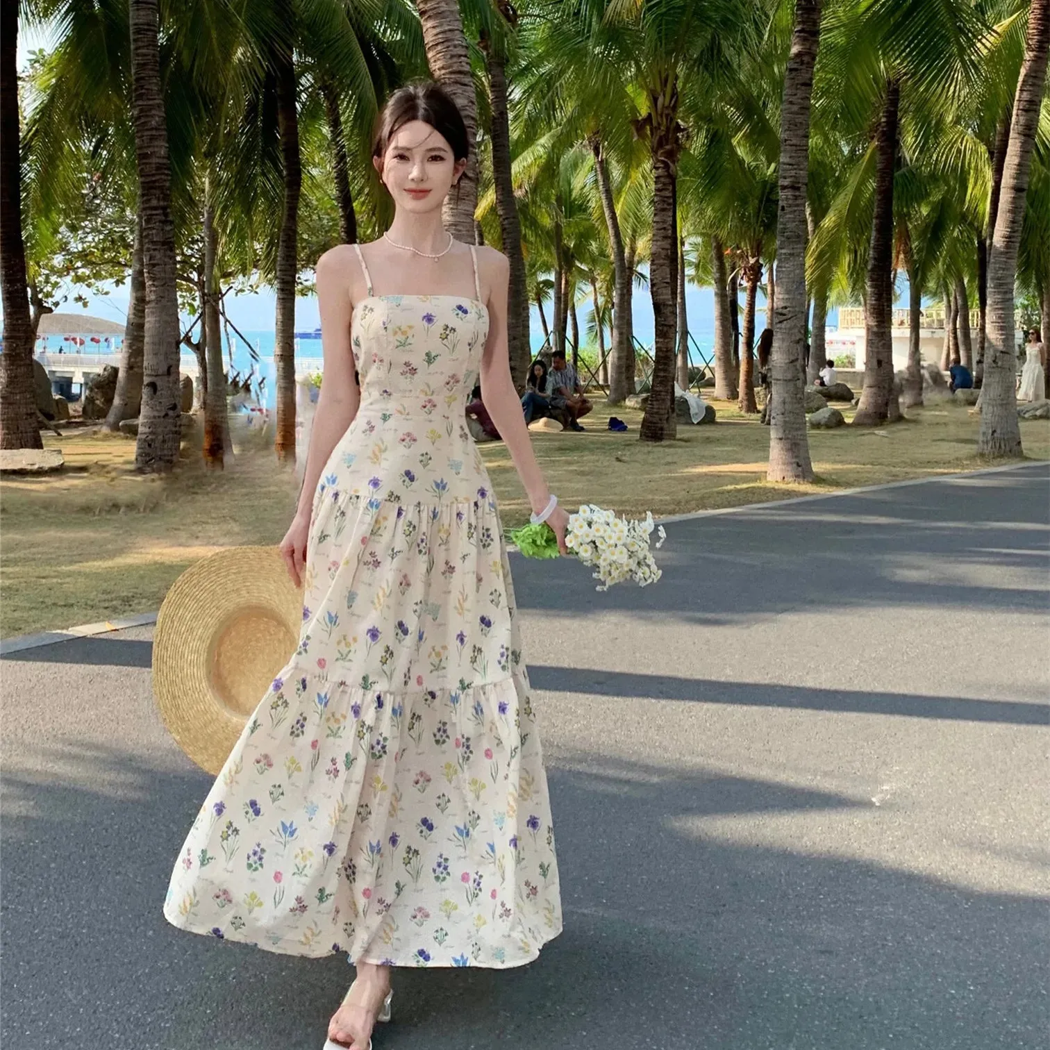 Joskaa Vintage Floral Beach Holiday Long Dresses for Women 2024 Summer New Elegant Party Spaghetti Strap Big Hem Casual Female Clothing