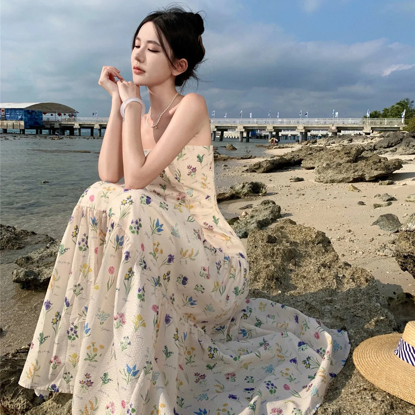 Joskaa Vintage Floral Beach Holiday Long Dresses for Women 2024 Summer New Elegant Party Spaghetti Strap Big Hem Casual Female Clothing